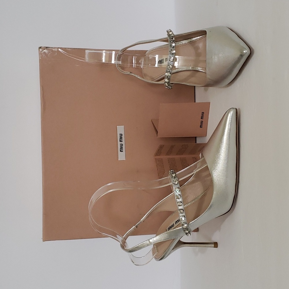 Brand New Silver Miu Miu Camoscio Sling Back Pumps SZ 37